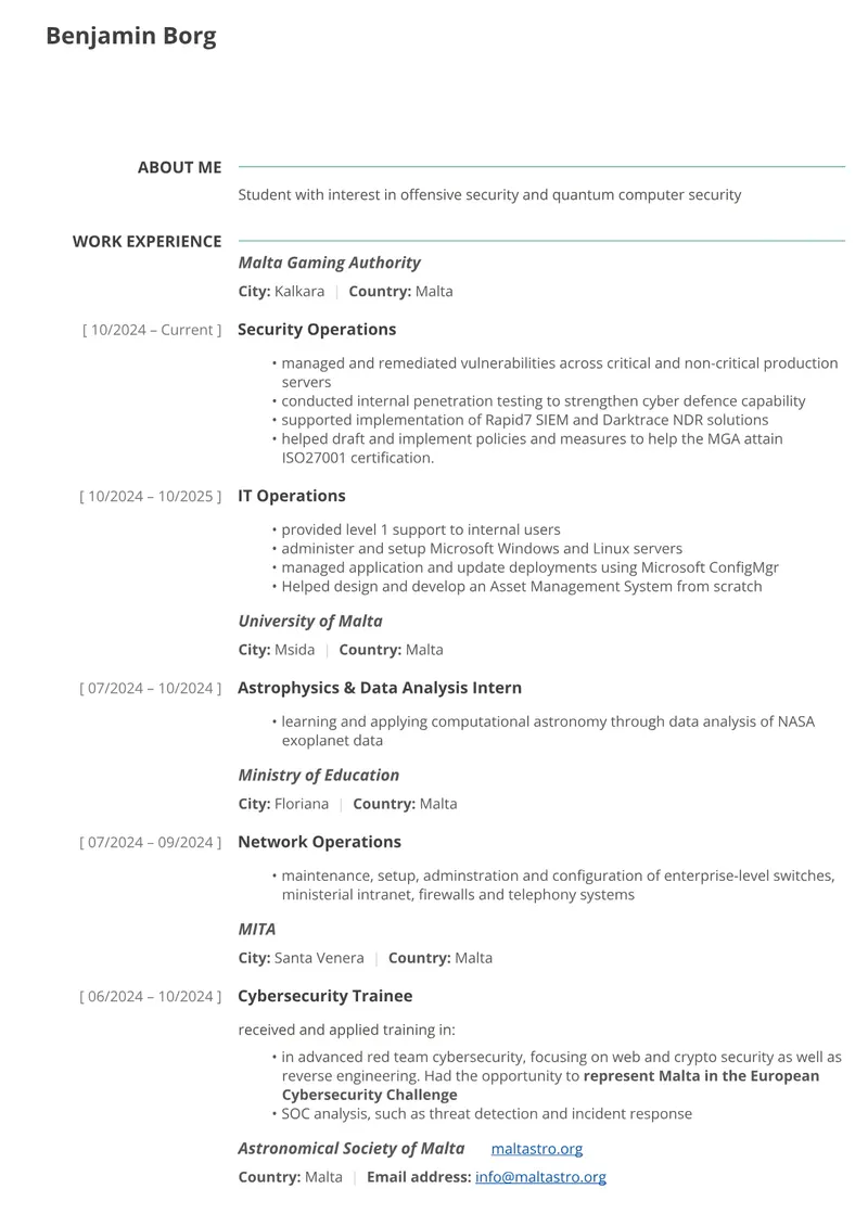 First page of Benjamin Borg — Curriculum Vitae